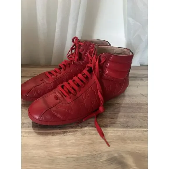 GUCCI BAMBI GUCCISSIMA EMBOSSED Red LEATHER HIGH TOP SNEAKERS uk 11.5 US 12 - Picture 5 of 12